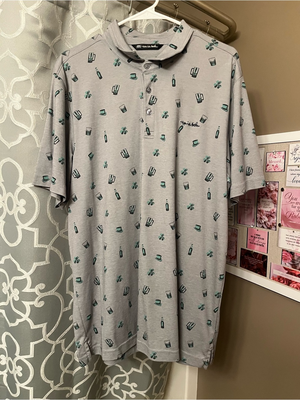 TravisMathew Men's Light Gray Polo Shirt with Green Print